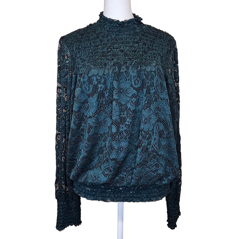 Cable & Gauge Green Mock Neck Sheer Long Sleeve Lace Floral Blouse Size M